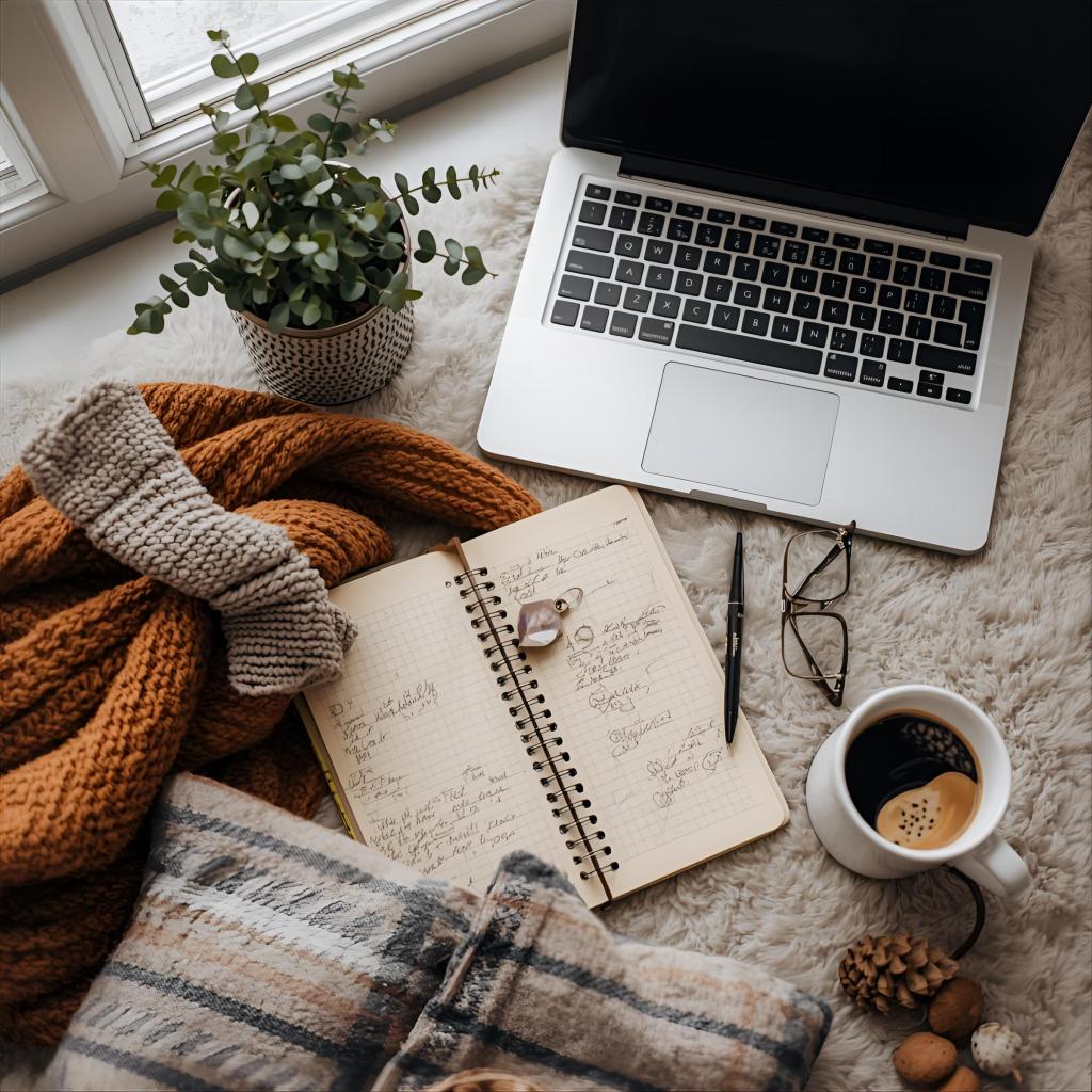 everything needed for a nest-like workspace - a laptop, notebook, glasses, a blanket, and a cup of coffee